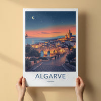 Algarve Poster - Portugal Travel Print - Moonlit Coastal Town Home Decor