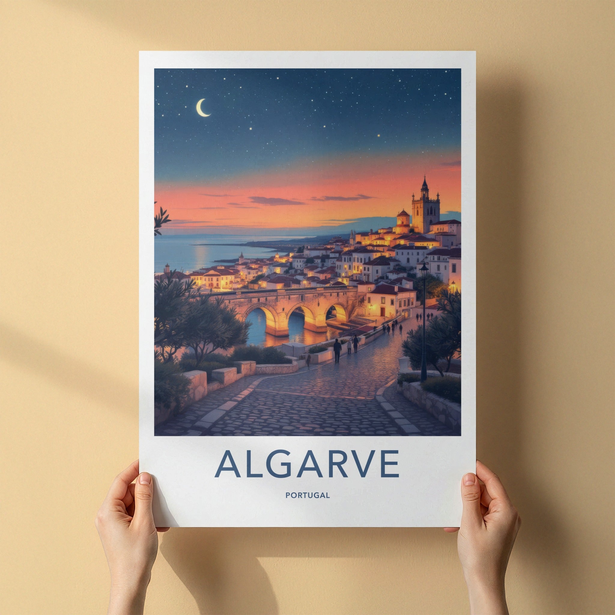 Algarve Poster - Portugal Travel Print - Moonlit Coastal Town Home Decor