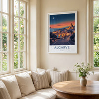 Algarve Poster - Portugal Travel Print - Moonlit Coastal Town Home Decor