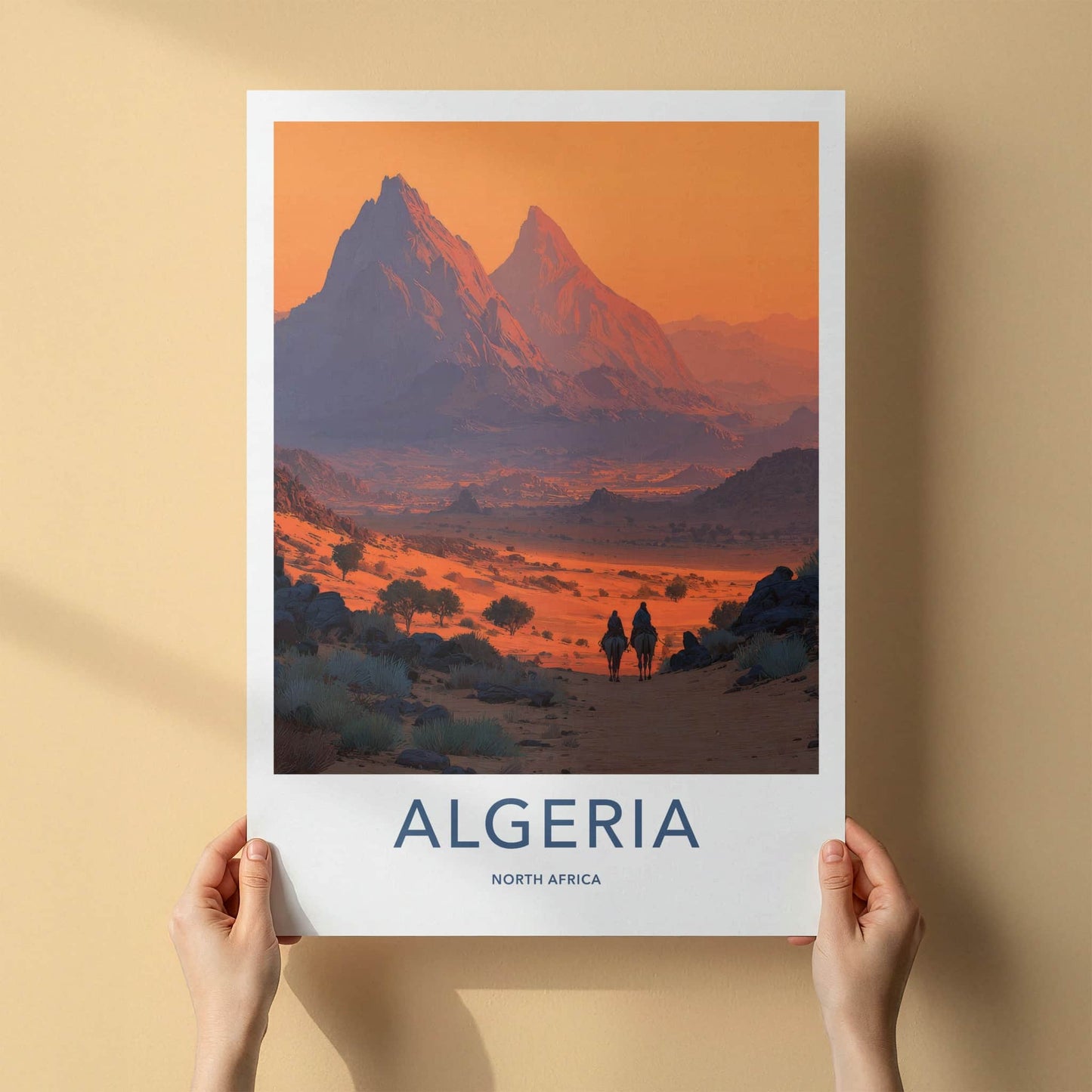 Algeria Poster - Algeria Travel Art - Camel Riders Sunset Home Decor