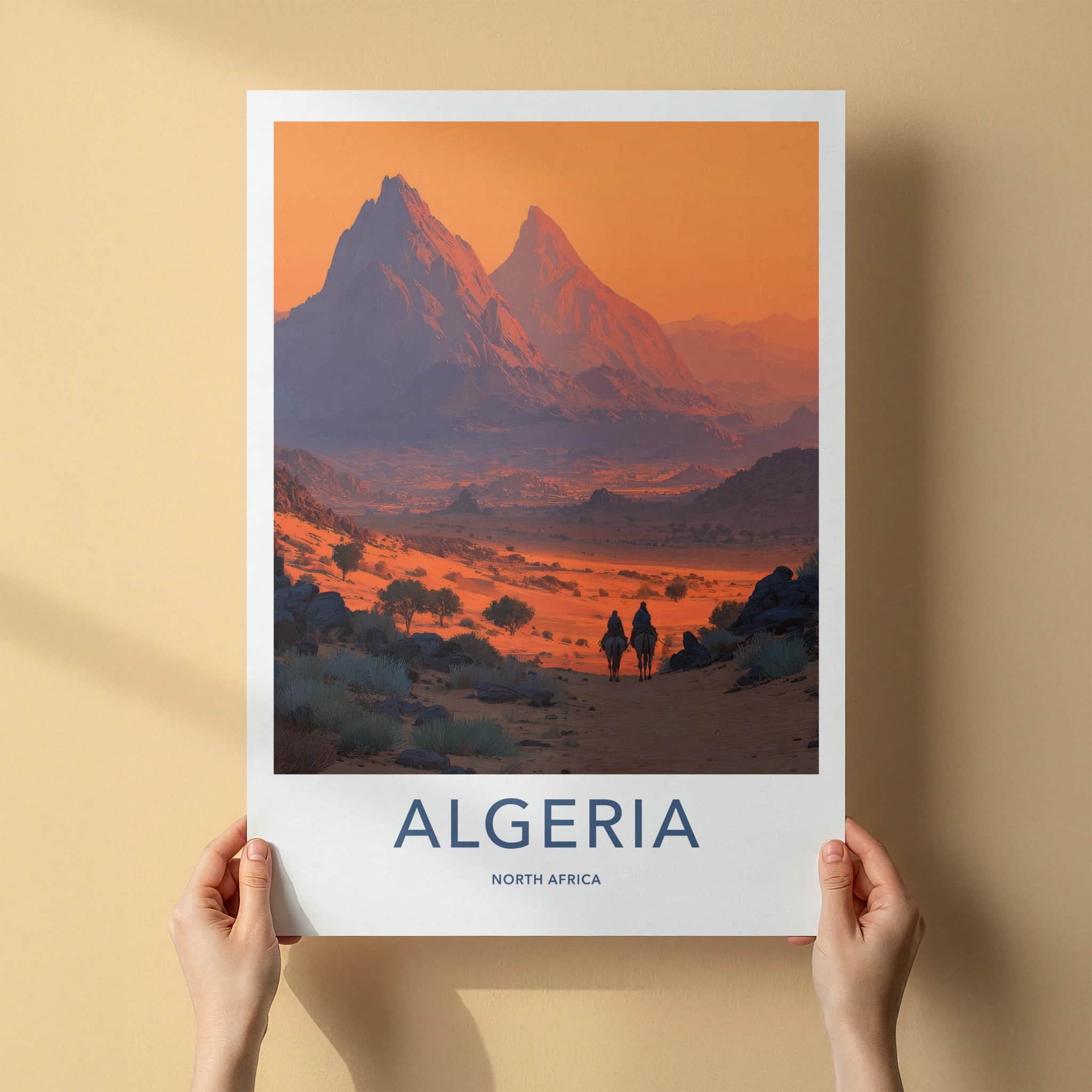 Algeria Poster - Algeria Travel Art - Camel Riders Sunset Home Decor