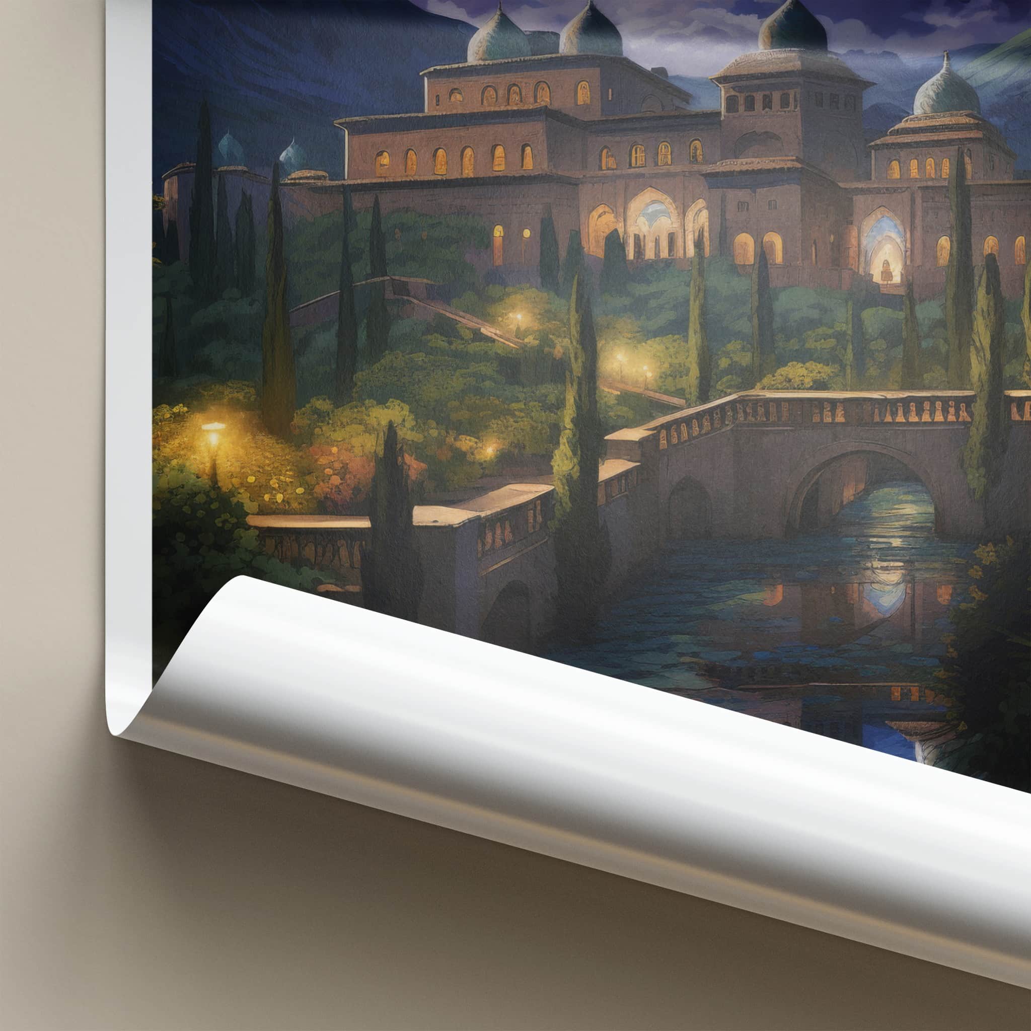 Alhambra Poster - Spain Travel Art - Moonlit Palace Reflection Home Decor