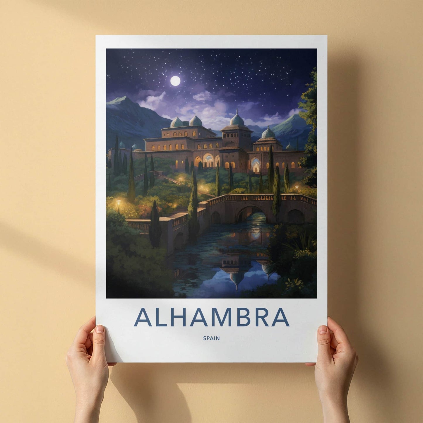 Alhambra Poster - Spain Travel Art - Moonlit Palace Reflection Home Decor