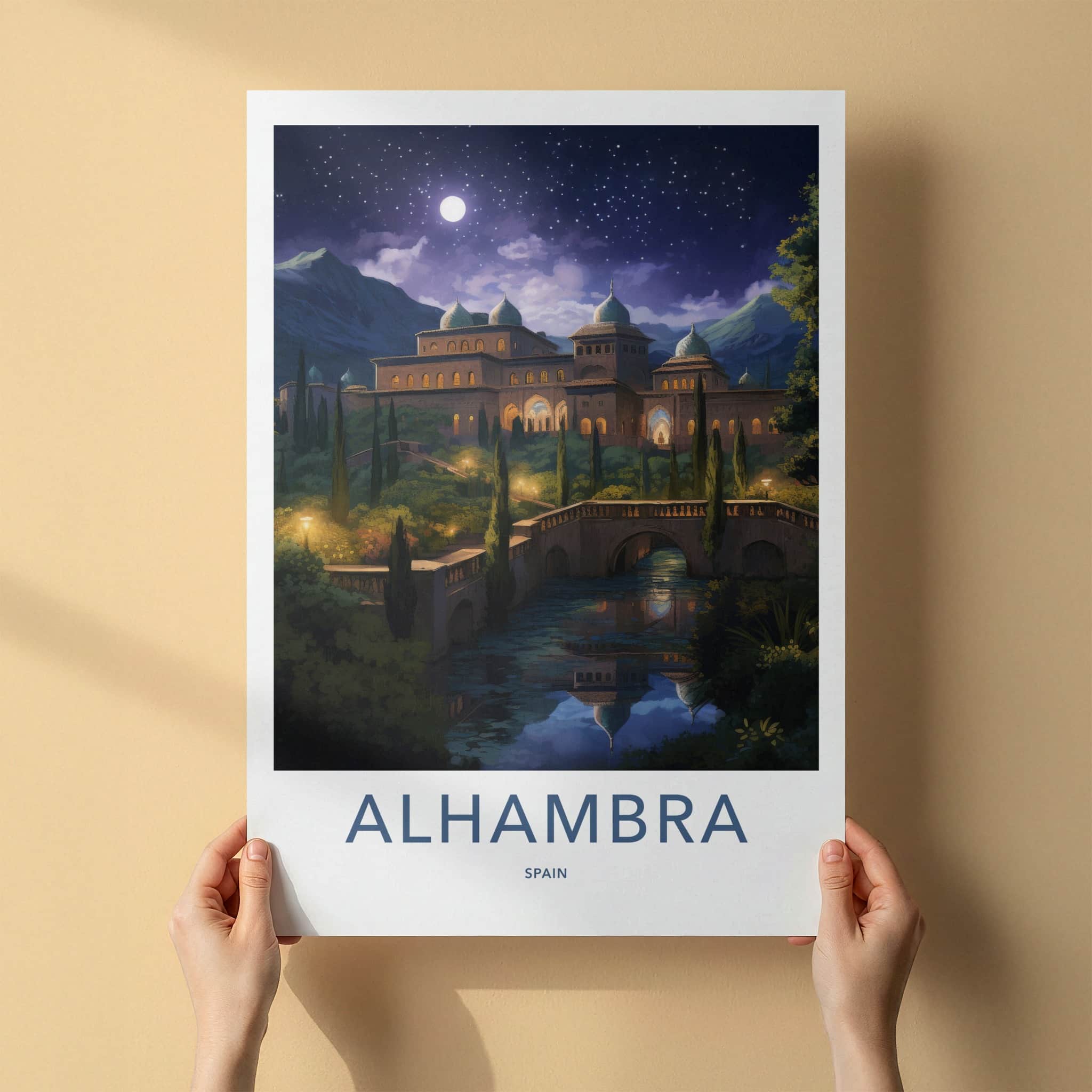 Alhambra Poster - Spain Travel Art - Moonlit Palace Reflection Home Decor