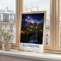 Alhambra Poster - Spain Travel Art - Moonlit Palace Reflection Home Decor