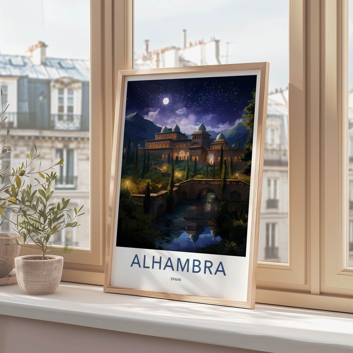 Alhambra Poster - Spain Travel Art - Moonlit Palace Reflection Home Decor