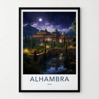 Alhambra Poster - Spain Travel Art - Moonlit Palace Reflection Home Decor