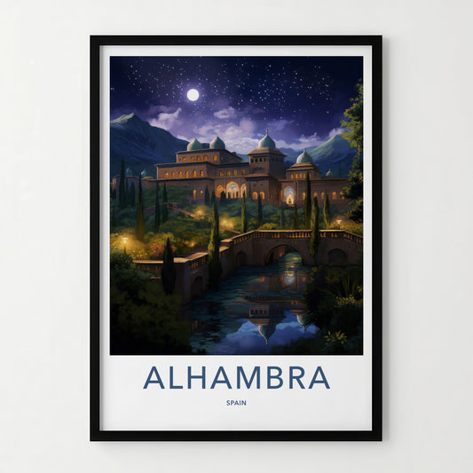 Alhambra Poster - Spain Travel Art - Moonlit Palace Reflection Home Decor