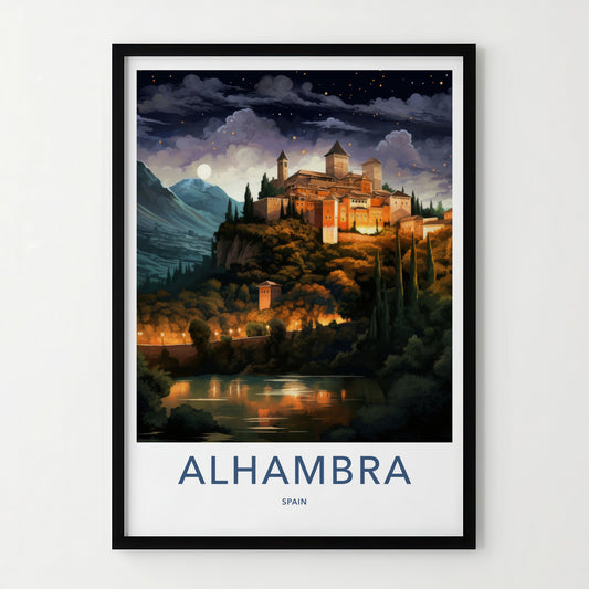 Alhambra Poster - Spain Travel Art - Moonlit Palace View Home Decor