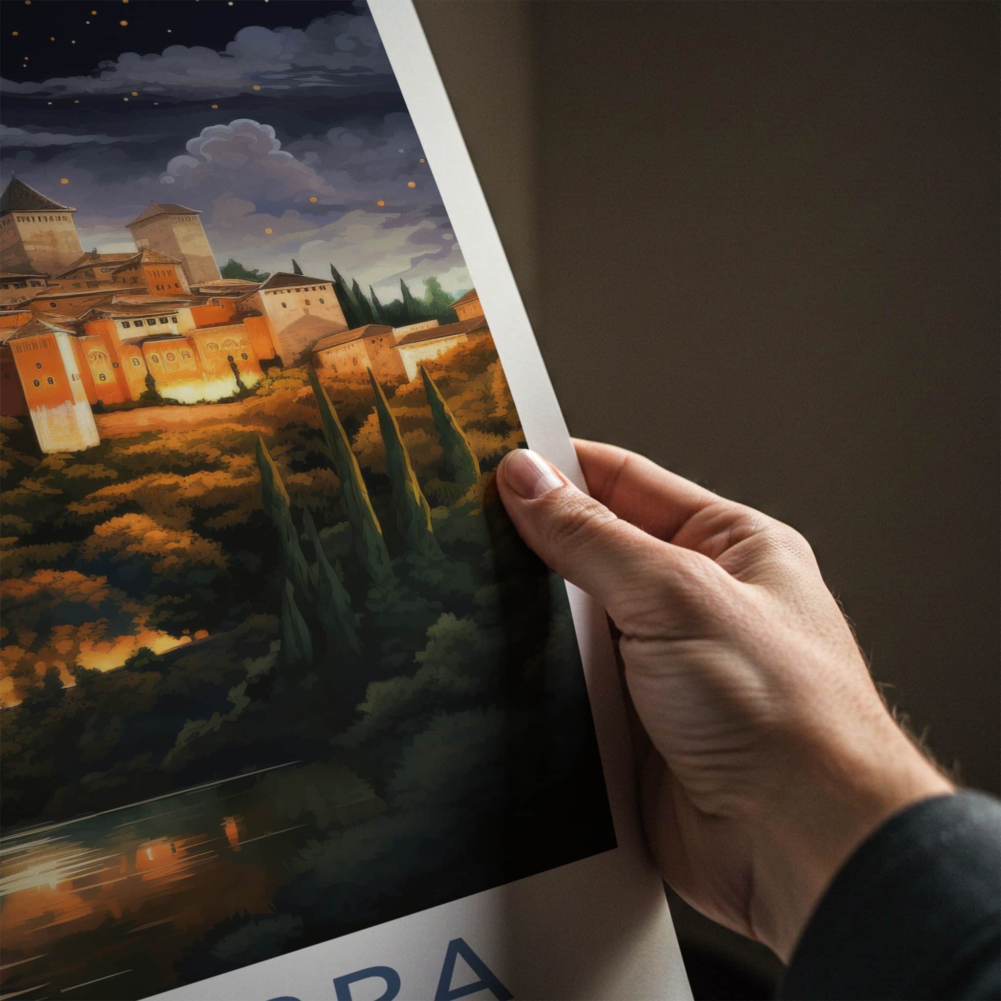 Alhambra Poster - Spain Travel Art - Moonlit Palace View Home Decor