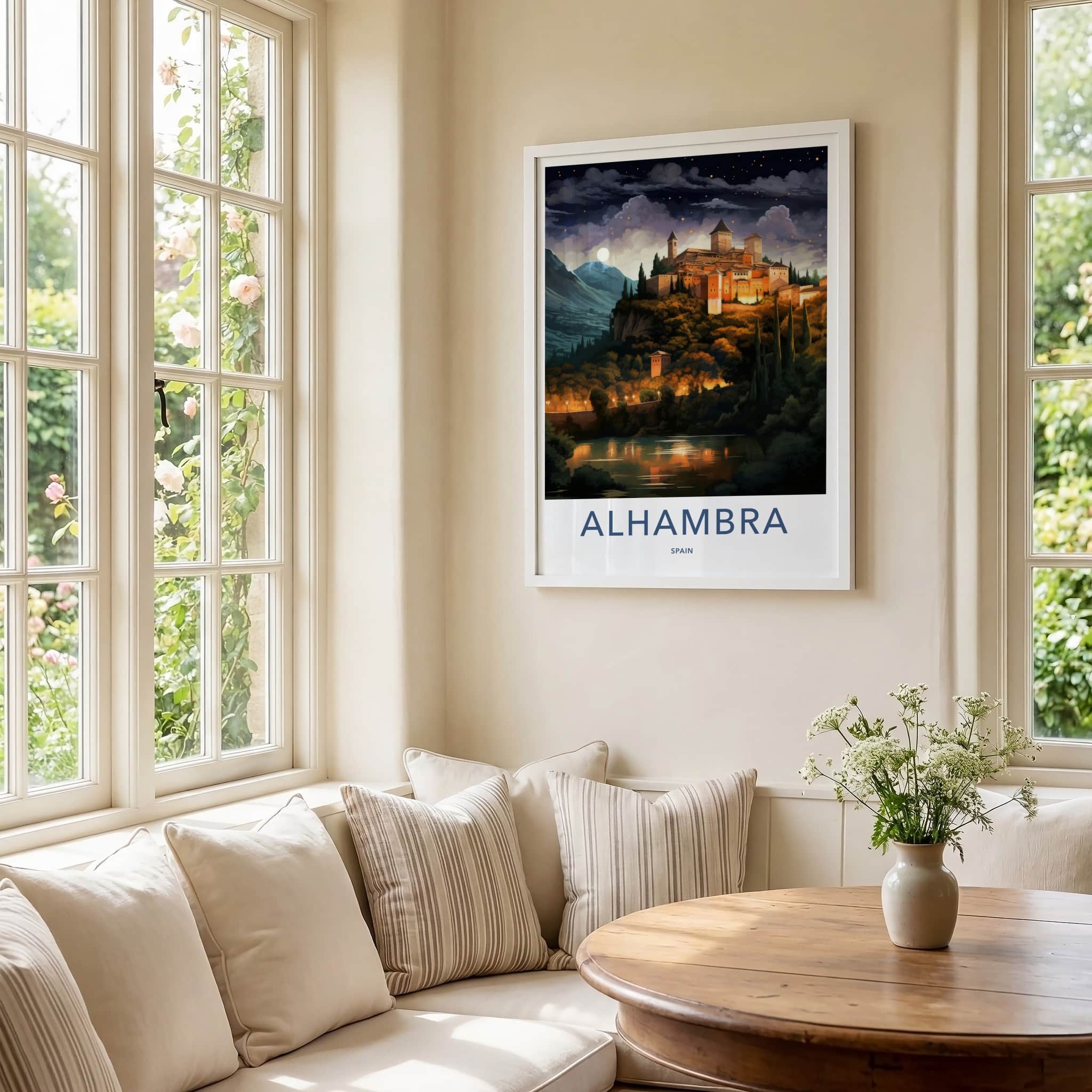 Alhambra Poster - Spain Travel Art - Moonlit Palace View Home Decor