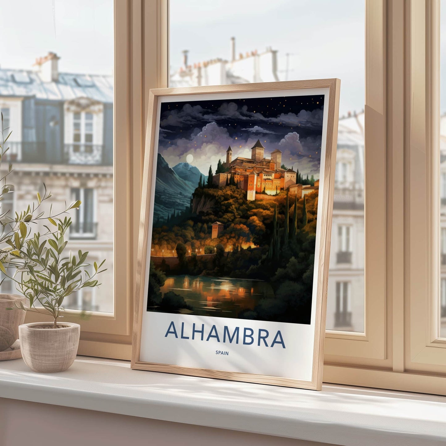 Alhambra Poster - Spain Travel Art - Moonlit Palace View Home Decor