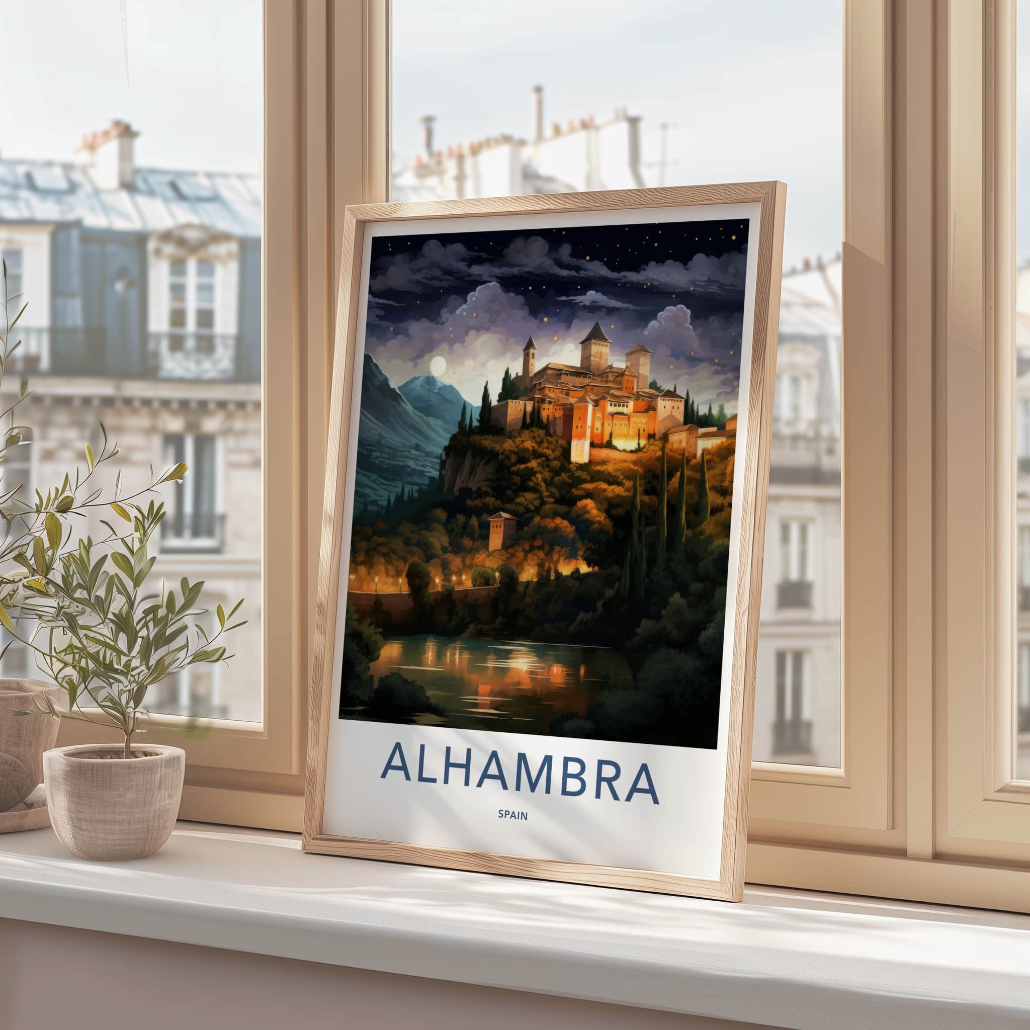 Alhambra Poster - Spain Travel Art - Moonlit Palace View Home Decor