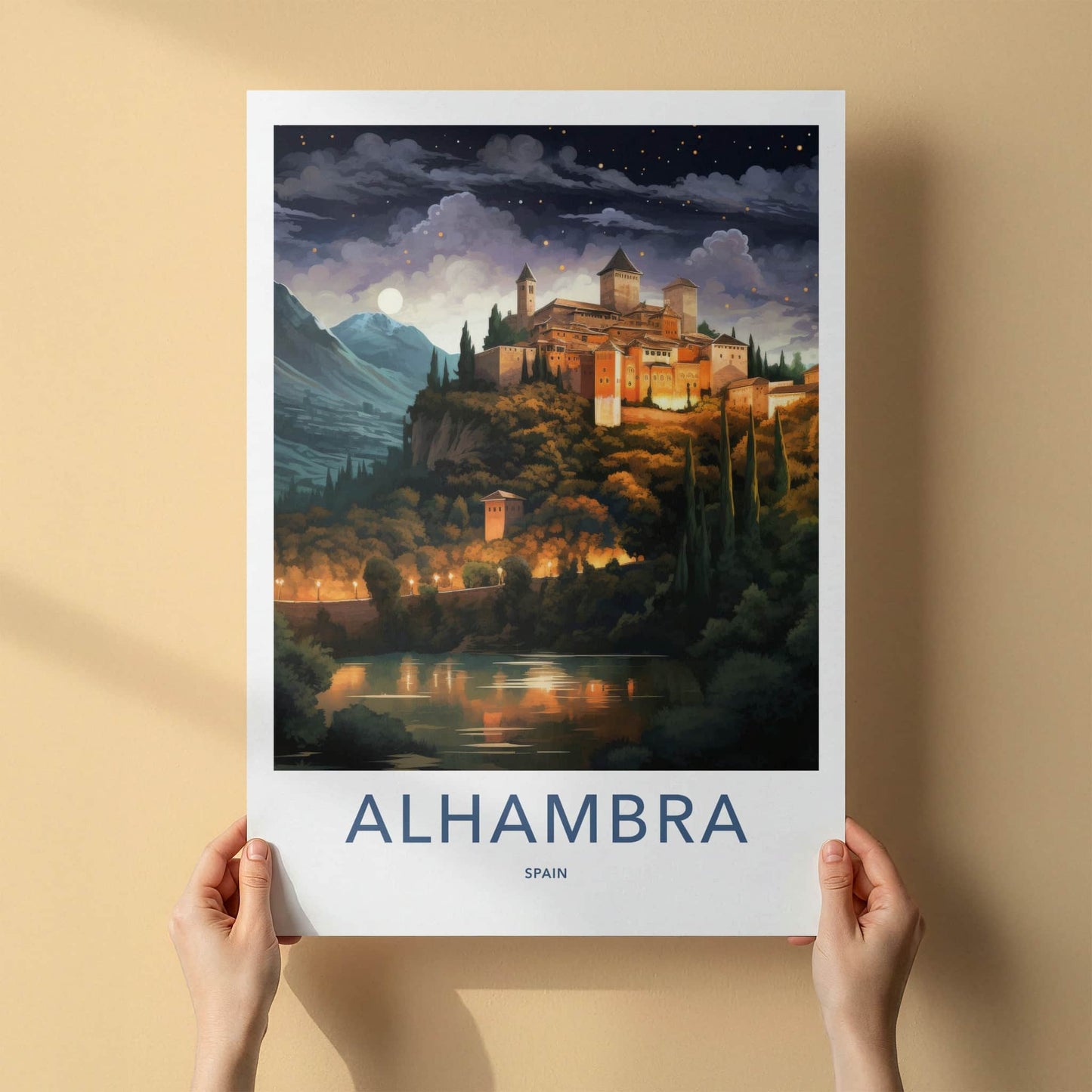 Alhambra Poster - Spain Travel Art - Moonlit Palace View Home Decor