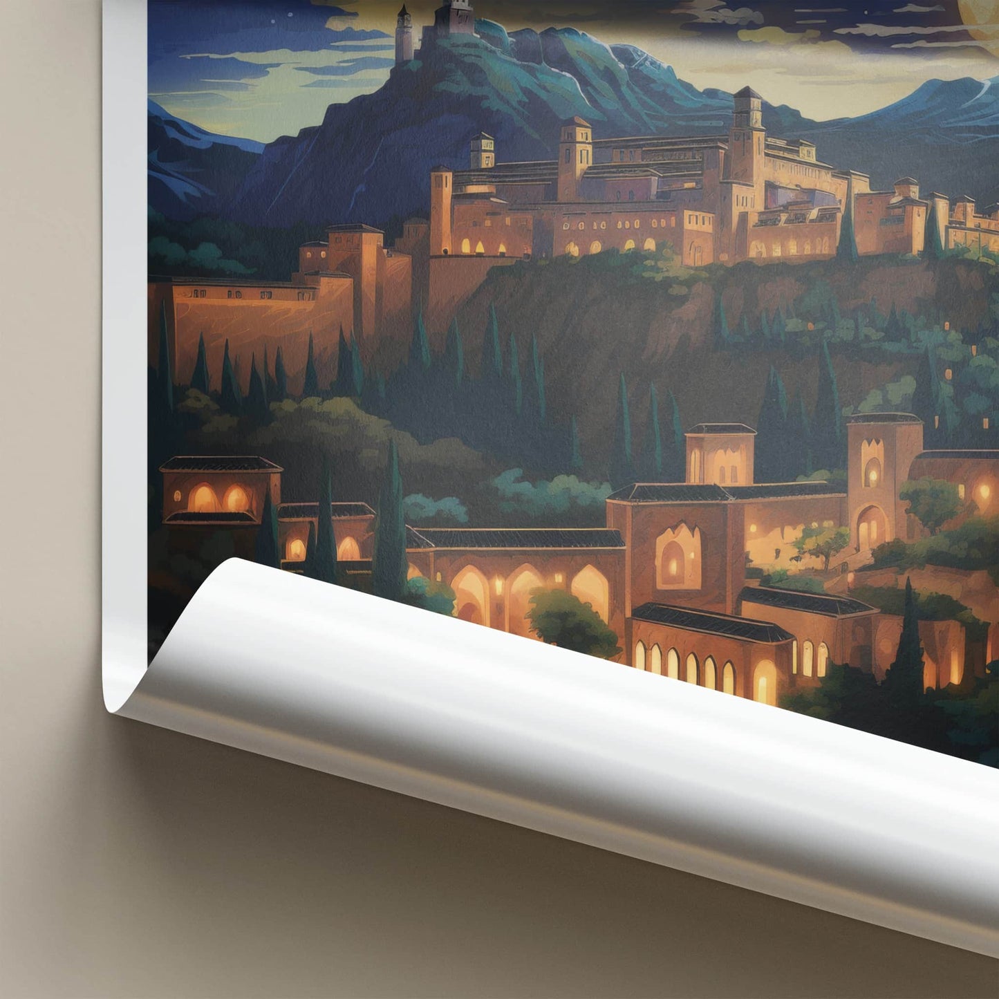 Alhambra Poster - Spain Travel Art - Night Mountain Palace Home Decor