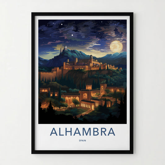 Alhambra Poster - Spain Travel Art - Night Mountain Palace Home Decor