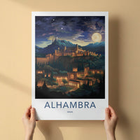 Alhambra Poster - Spain Travel Art - Night Mountain Palace Home Decor