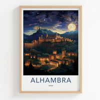 Alhambra Poster - Spain Travel Art - Night Mountain Palace Home Decor