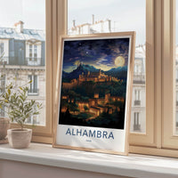Alhambra Poster - Spain Travel Art - Night Mountain Palace Home Decor
