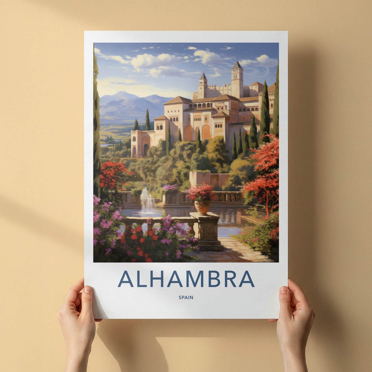 Alhambra Poster - Spain Travel Art - Terraced Palace Gardens Home Decor