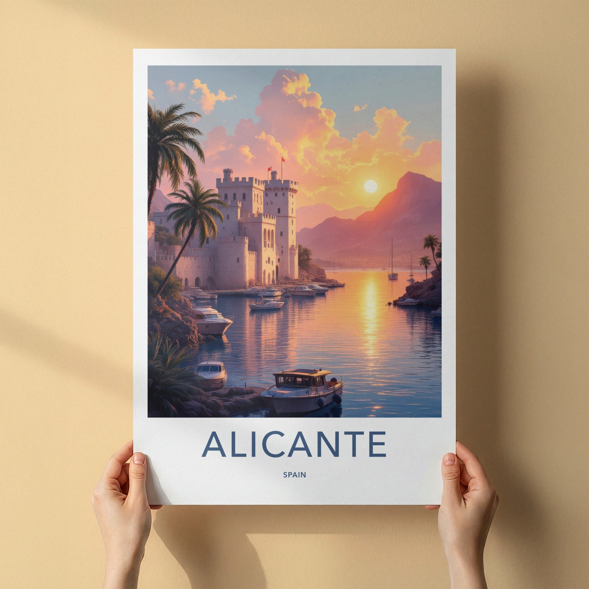 Alicante Poster - Spain Travel Art - Golden Sunset Harbor Home Decor