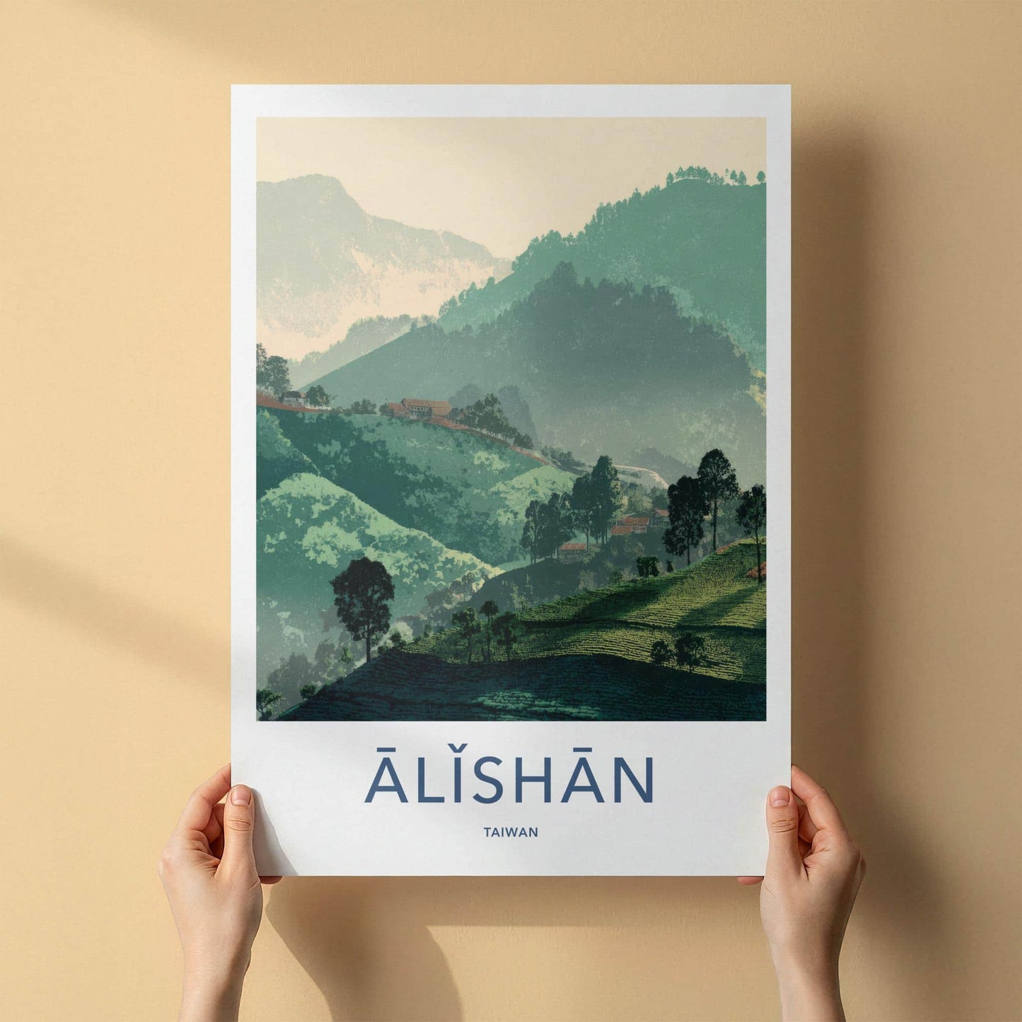Alishan Poster - Taiwan Travel Illustration - Misty green hills Home Decor
