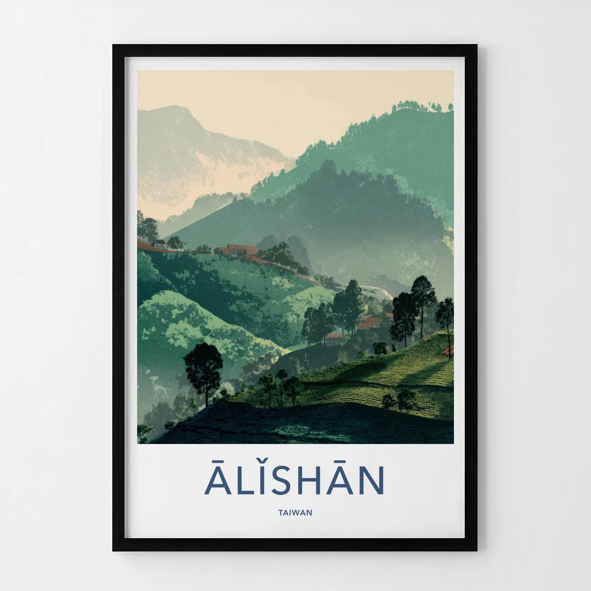 Alishan Poster - Taiwan Travel Illustration - Misty green hills Home Decor