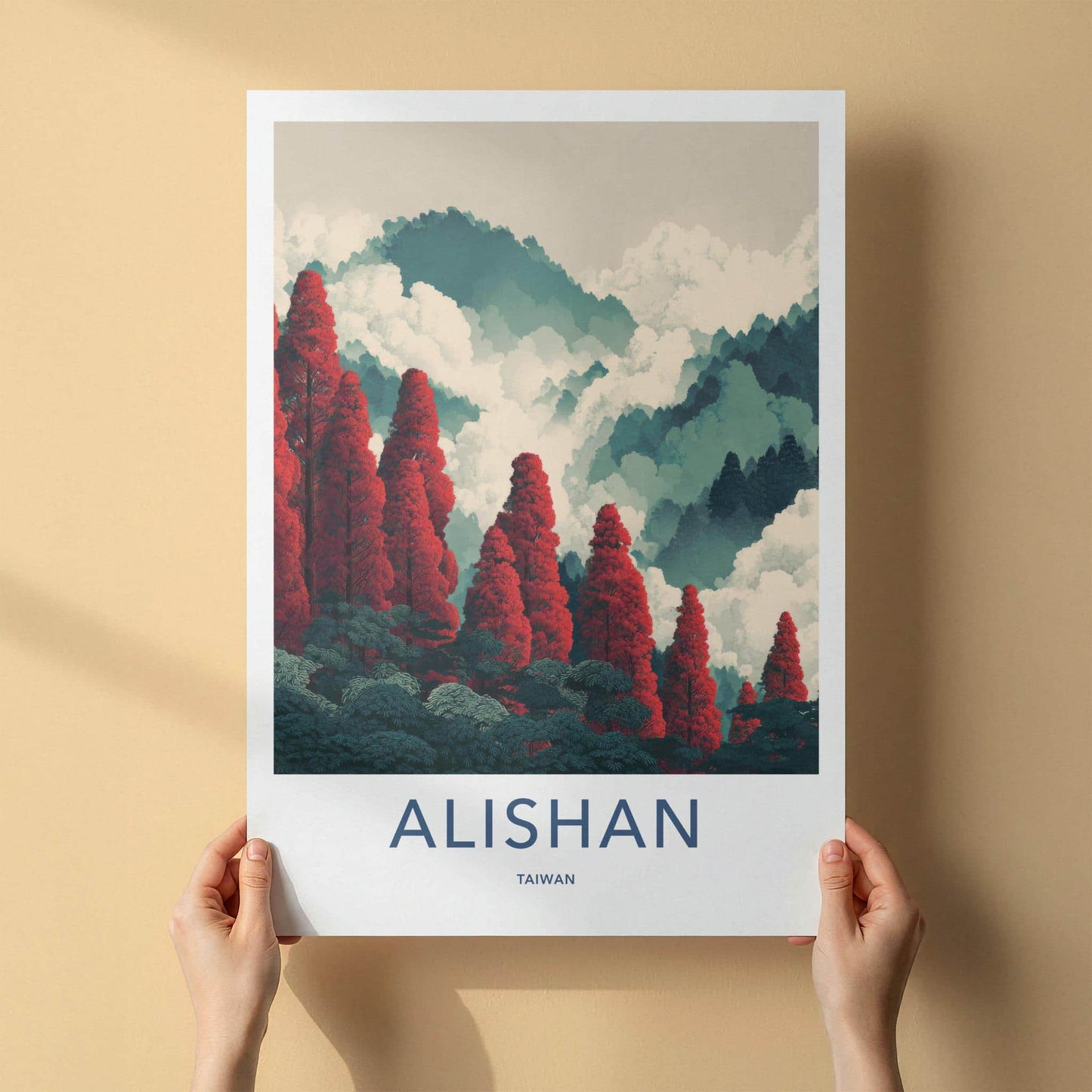 Alishan Poster - Taiwan Travel Illustration - Red Trees Misty Mountains Wall Decor