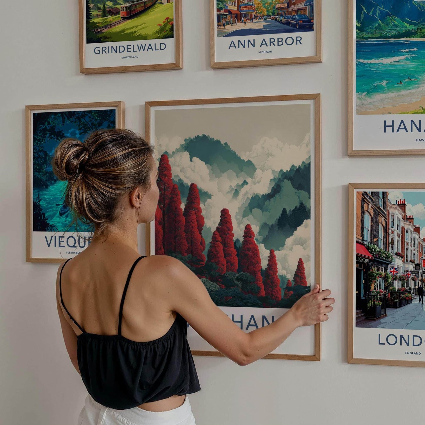Alishan Poster - Taiwan Travel Illustration - Red Trees Misty Mountains Wall Decor