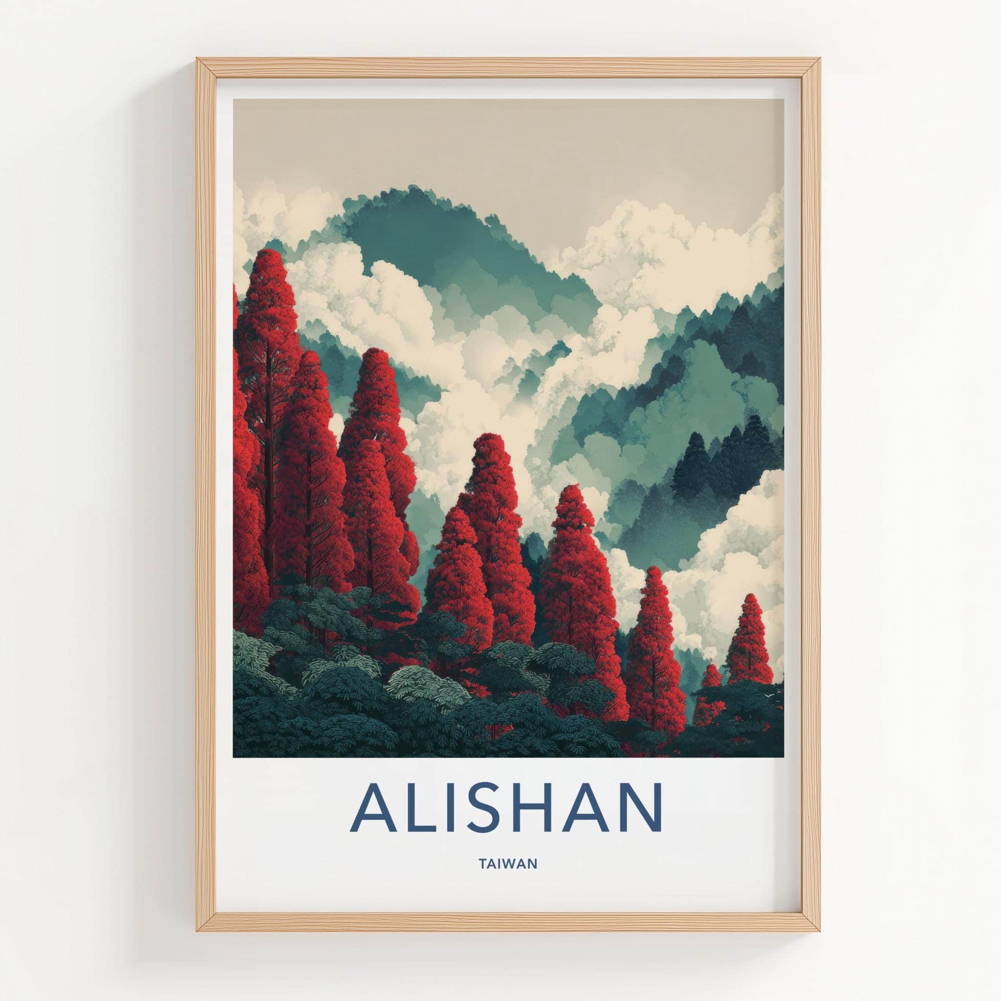 Alishan Poster - Taiwan Travel Illustration - Red Trees Misty Mountains Wall Decor