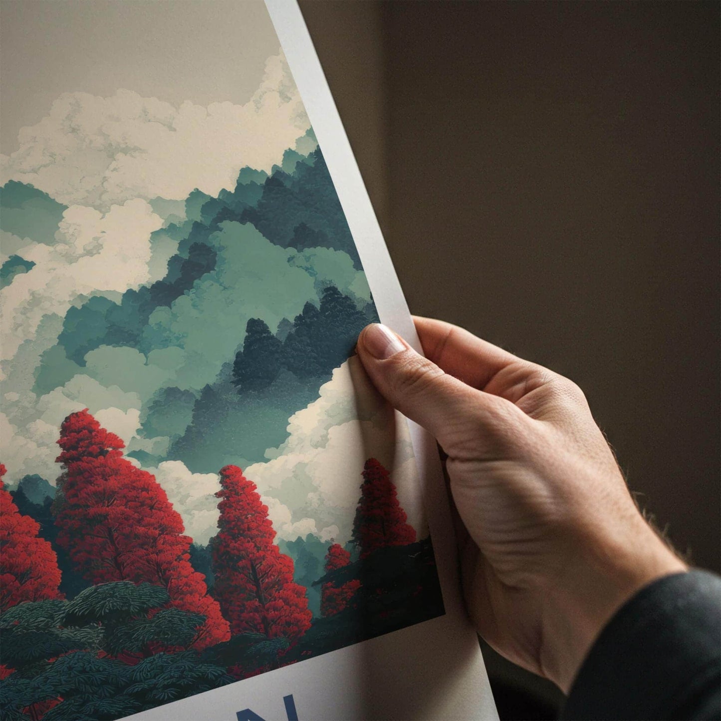 Alishan Poster - Taiwan Travel Illustration - Red Trees Misty Mountains Wall Decor