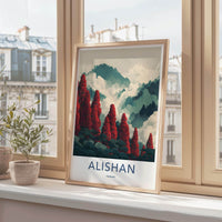 Alishan Poster - Taiwan Travel Illustration - Red Trees Misty Mountains Wall Decor
