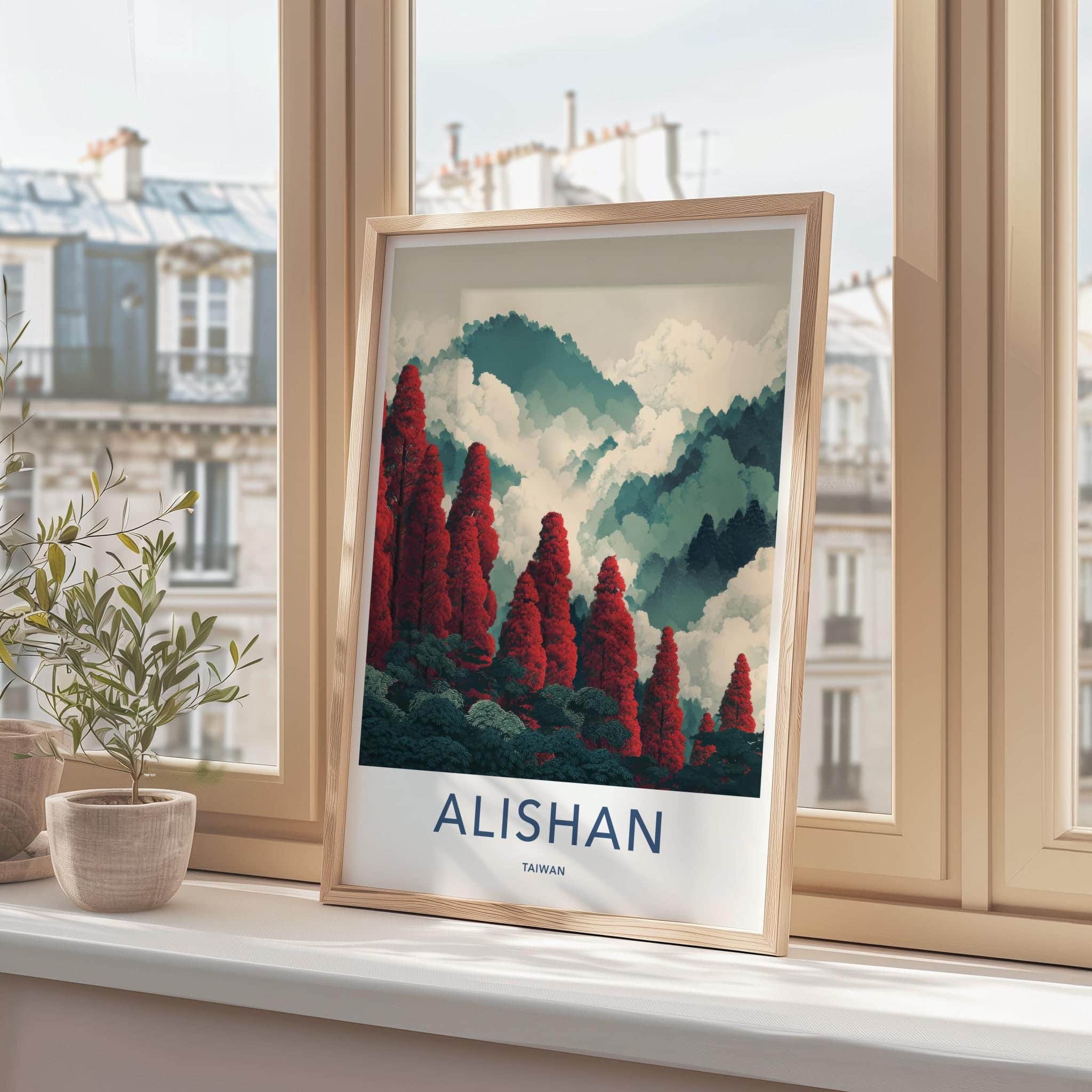 Alishan Poster - Taiwan Travel Illustration - Red Trees Misty Mountains Wall Decor