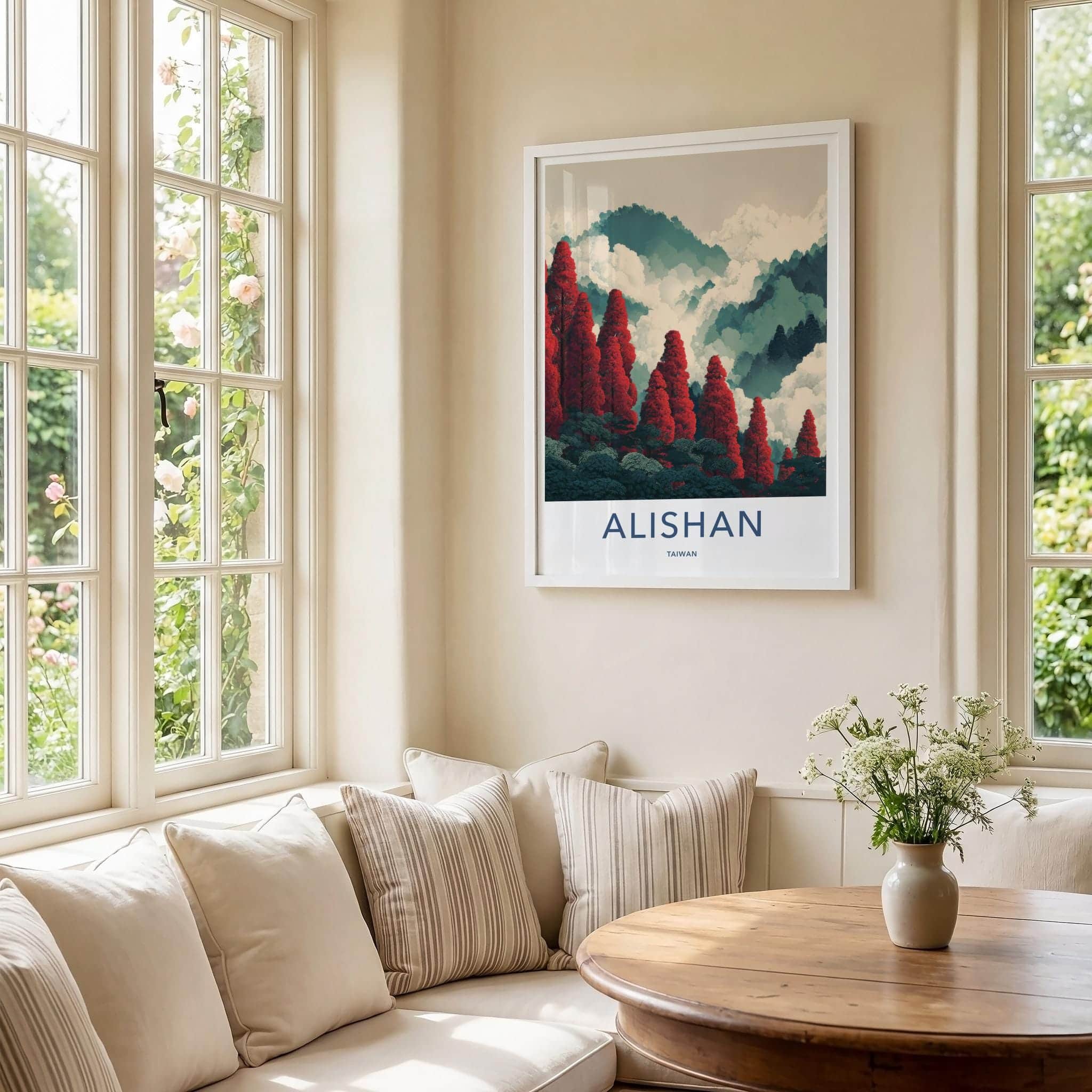 Alishan Poster - Taiwan Travel Illustration - Red Trees Misty Mountains Wall Decor
