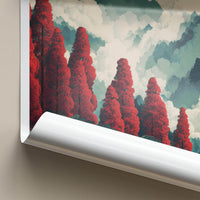 Alishan Poster - Taiwan Travel Illustration - Red Trees Misty Mountains Wall Decor