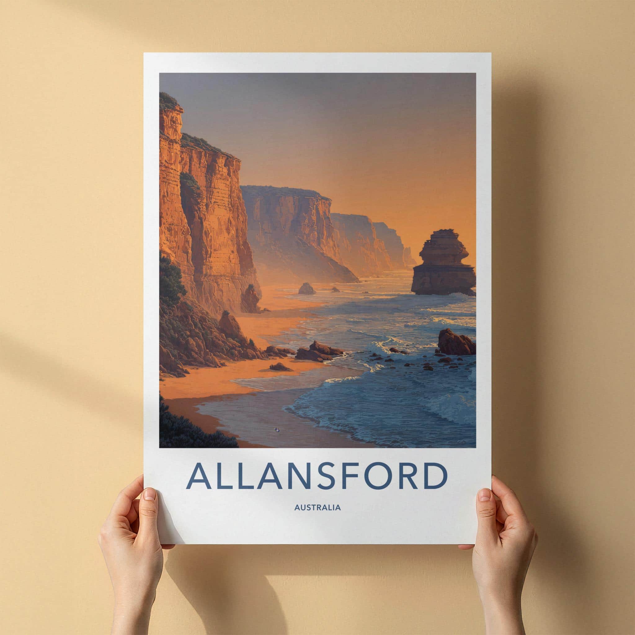 Allansford Poster - Australia Travel Illustration - Coastal Cliffs Sunset Home Decor