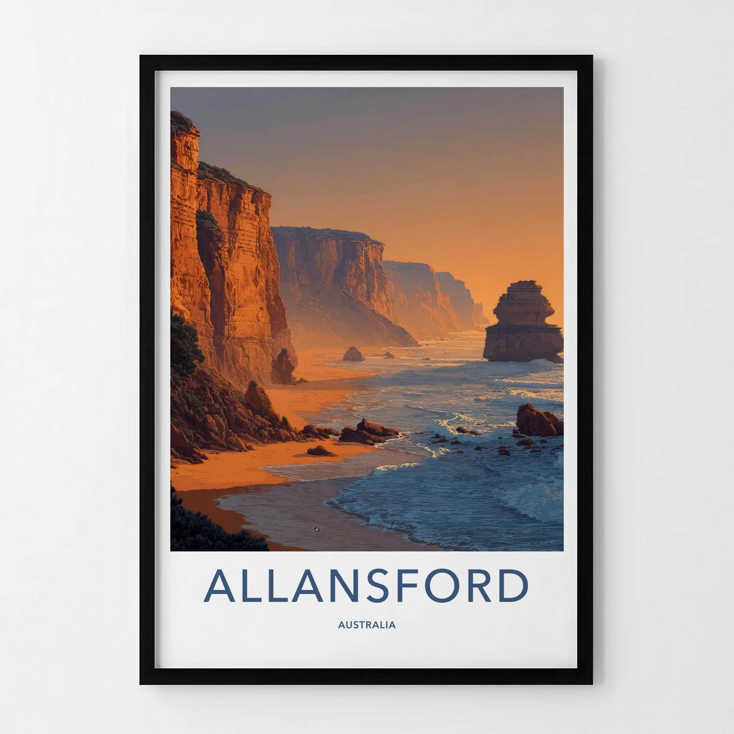 Allansford Poster - Australia Travel Illustration - Coastal Cliffs Sunset Home Decor
