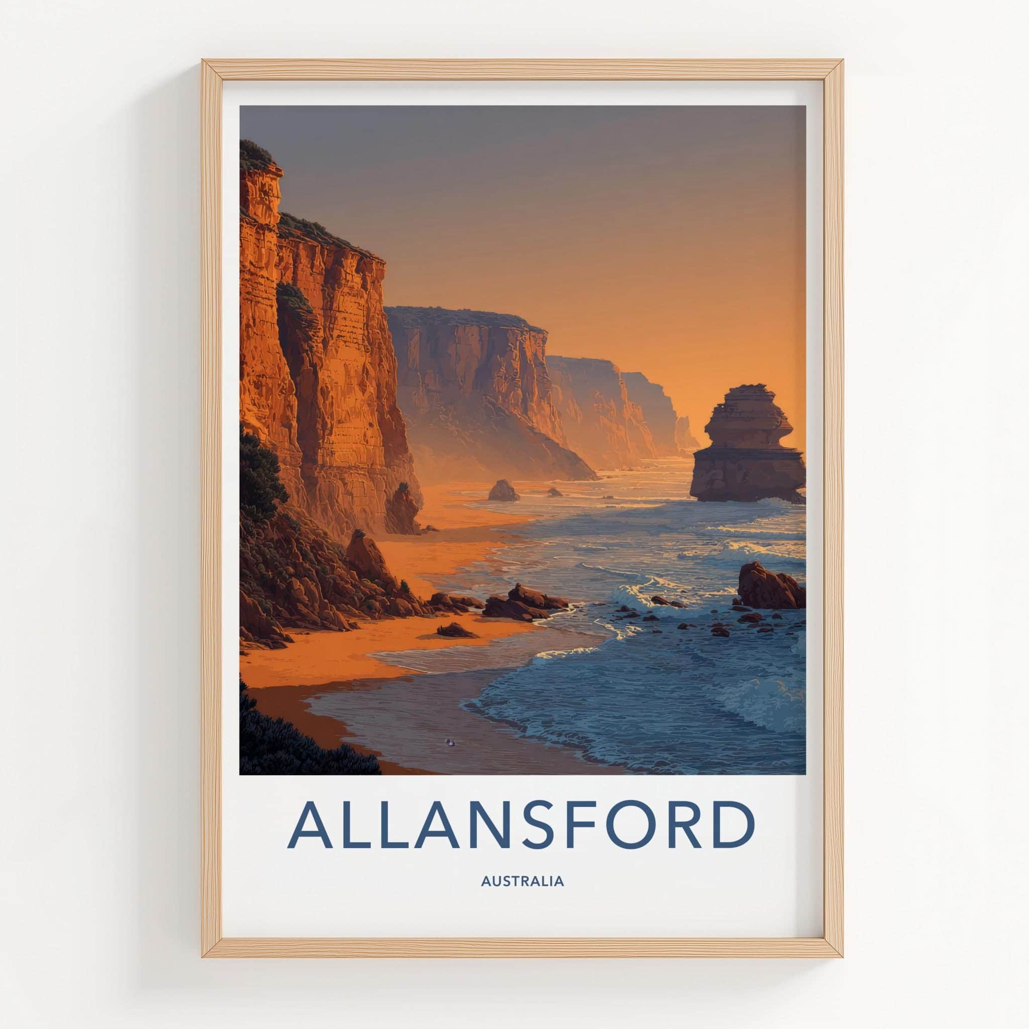 Allansford Poster - Australia Travel Illustration - Coastal Cliffs Sunset Home Decor