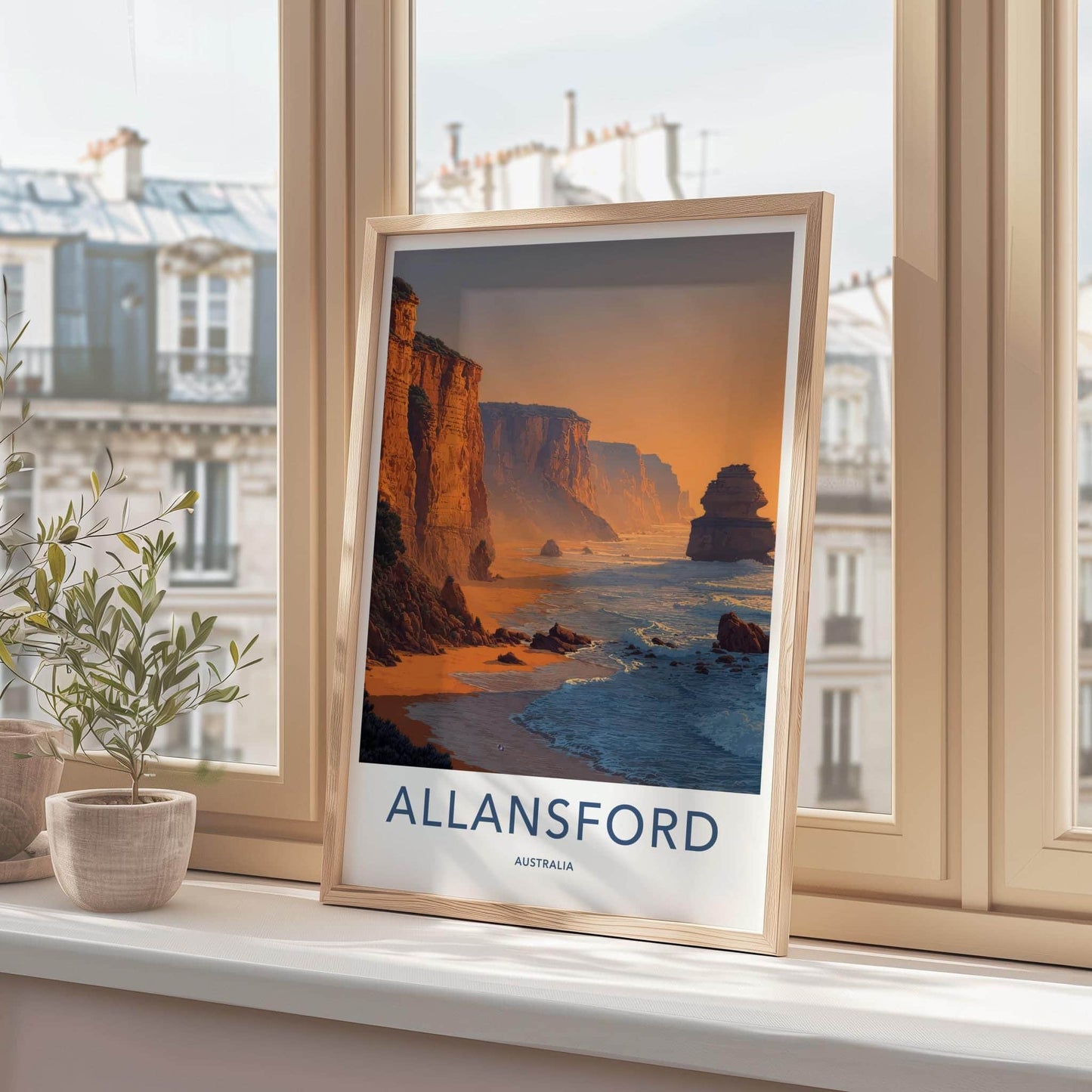 Allansford Poster - Australia Travel Illustration - Coastal Cliffs Sunset Home Decor