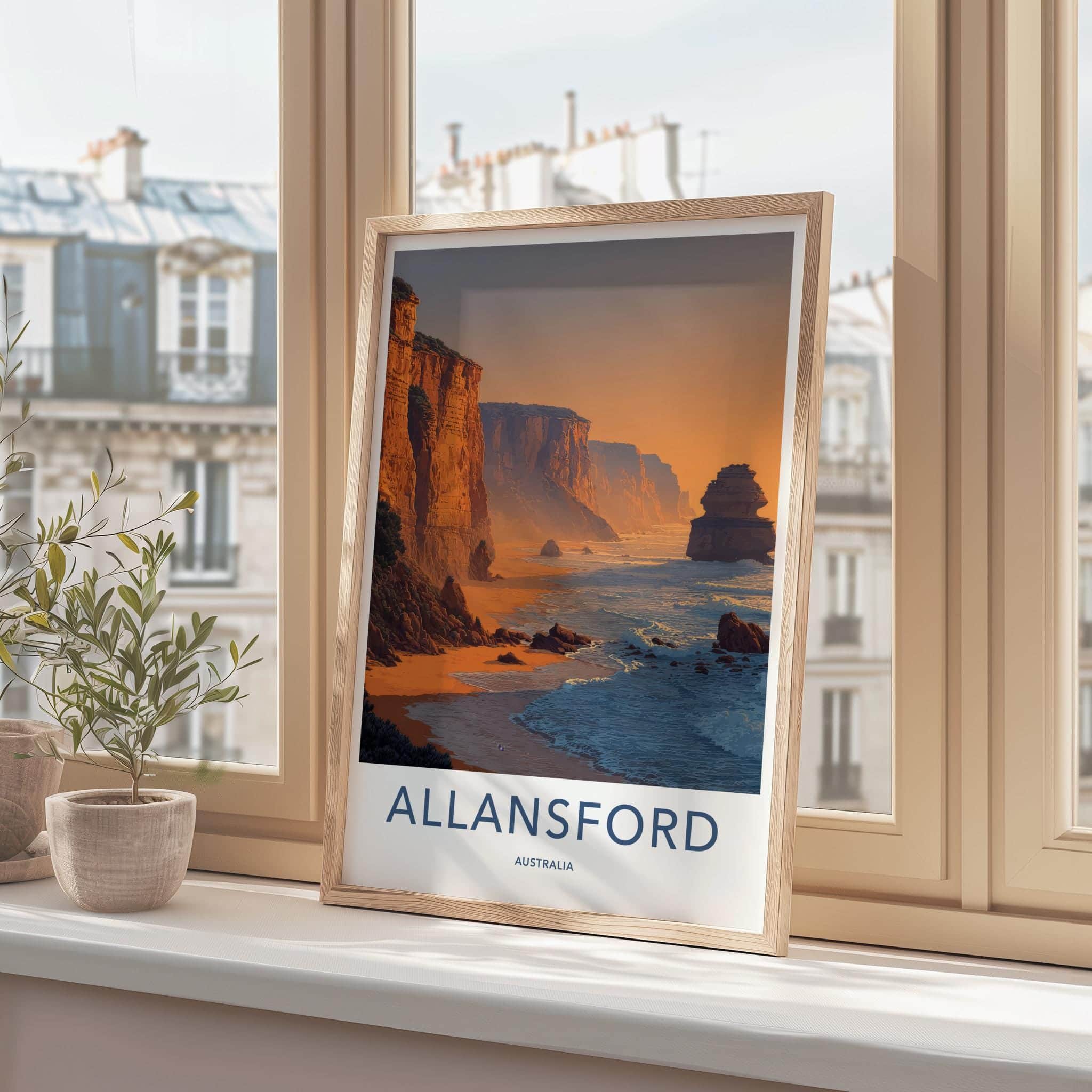 Allansford Poster - Australia Travel Illustration - Coastal Cliffs Sunset Home Decor
