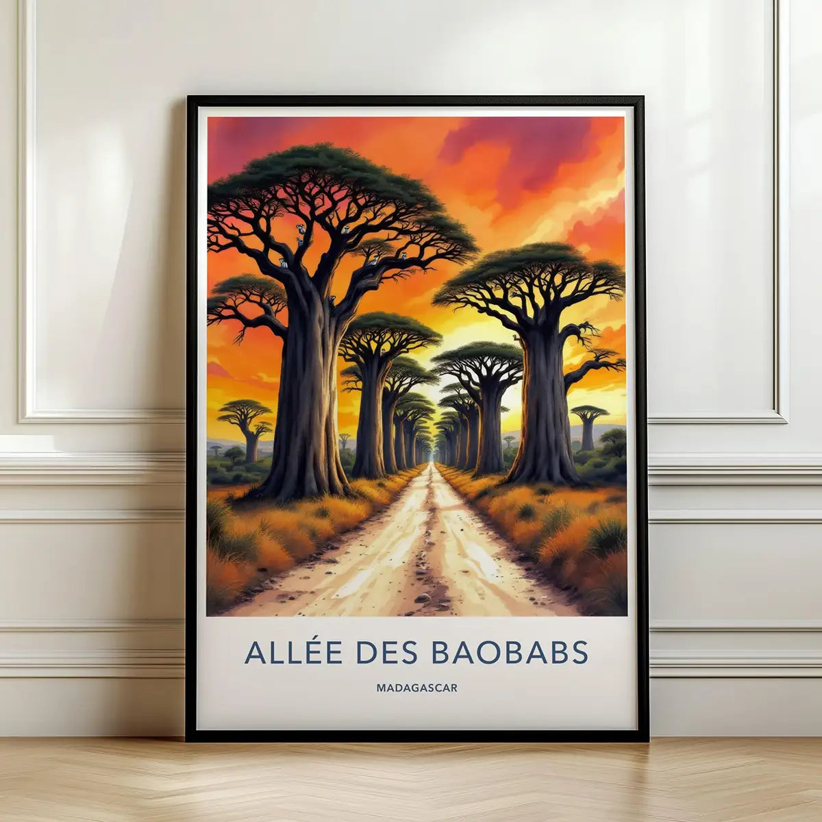Framed vintage travel poster of the Allée des Baobabs in Madagascar at sunset representing the Africa art collection.