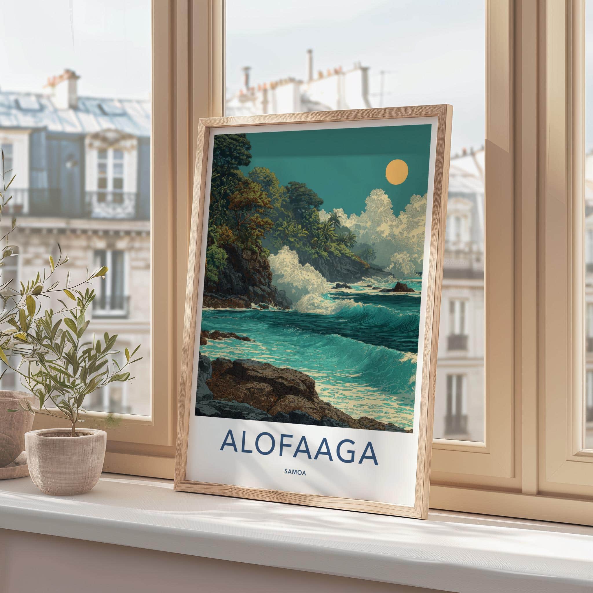 Alofaaga Poster - Samoa Travel Illustration - Crashing Waves Cliffs Wall Decor