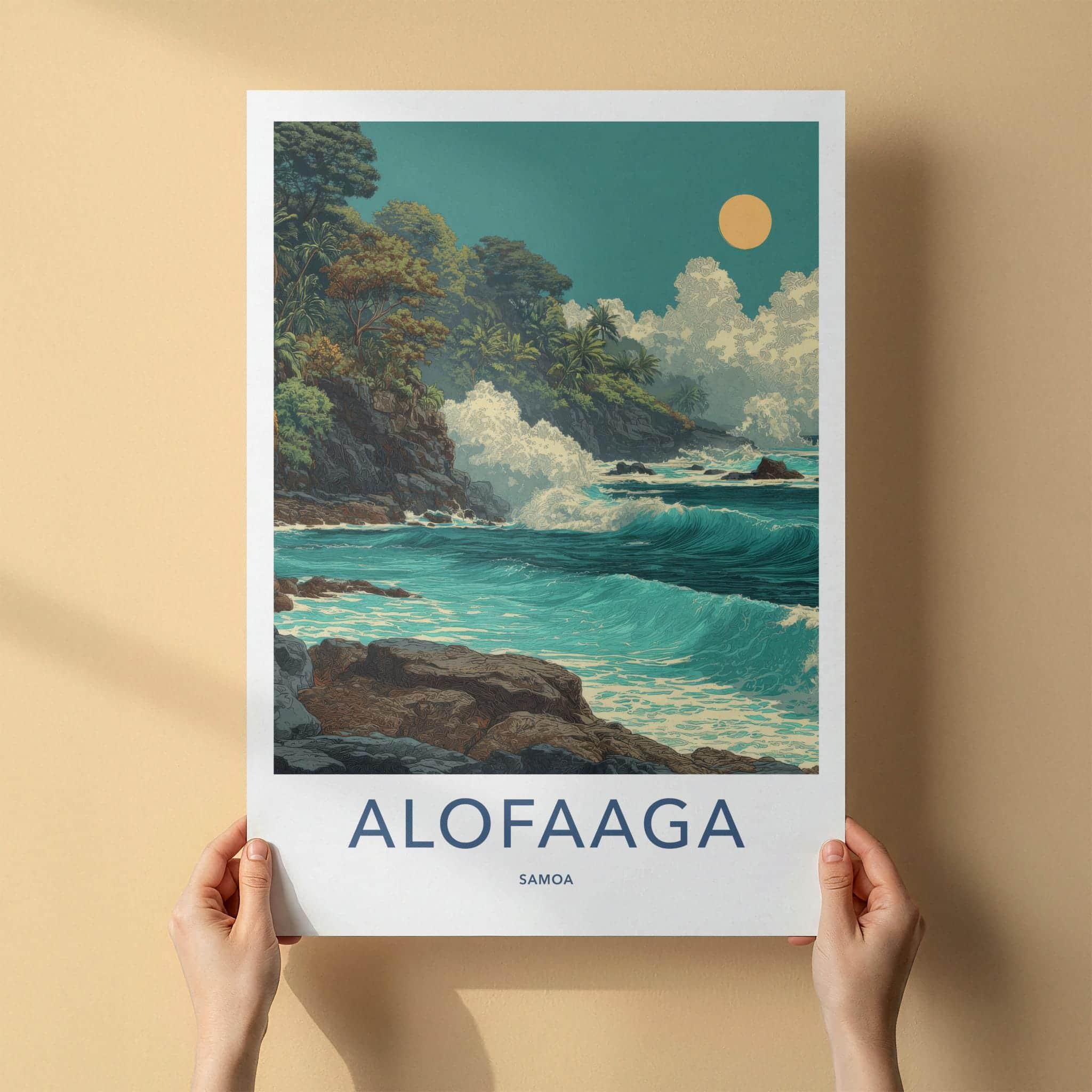 Alofaaga Poster - Samoa Travel Illustration - Crashing Waves Cliffs Wall Decor