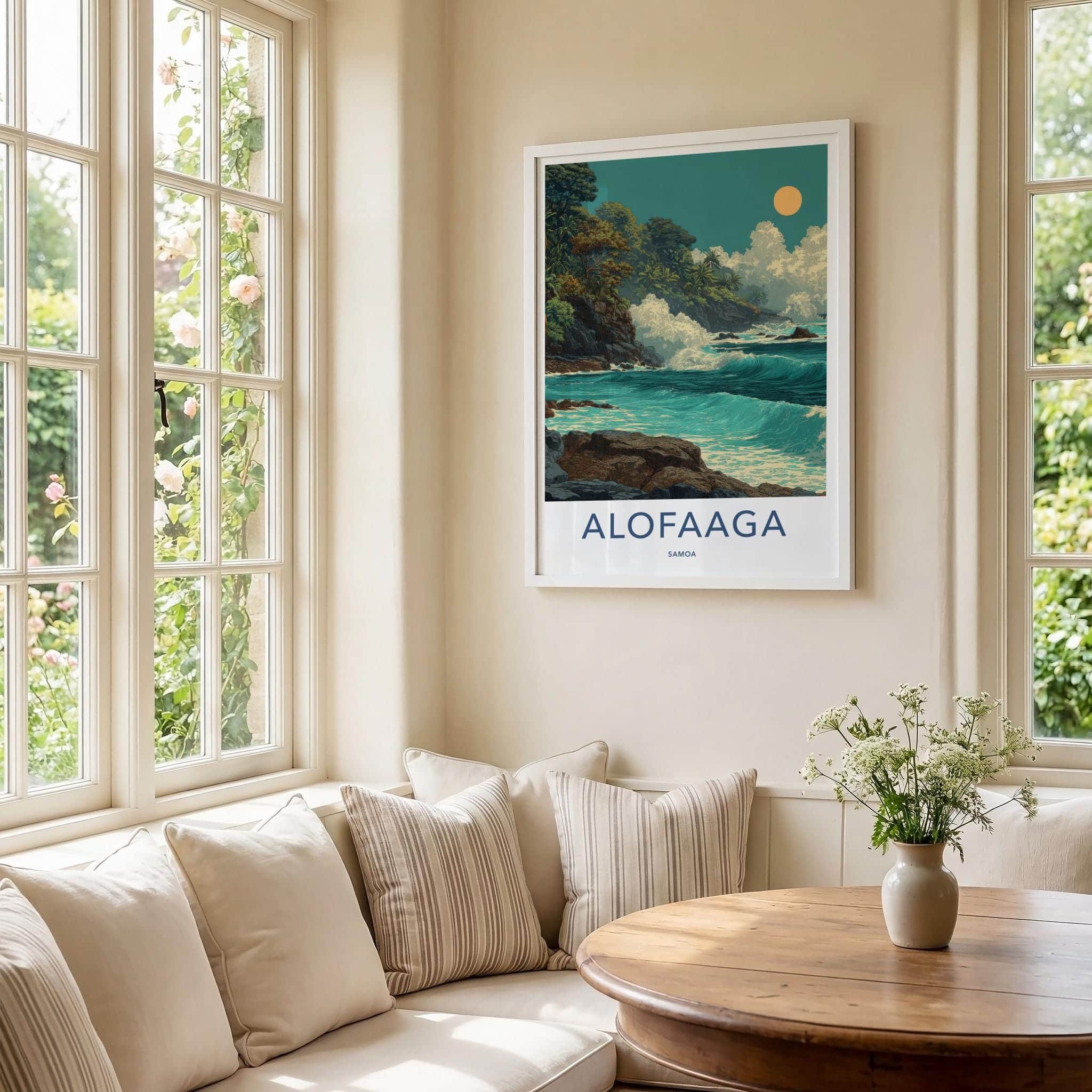 Alofaaga Poster - Samoa Travel Illustration - Crashing Waves Cliffs Wall Decor