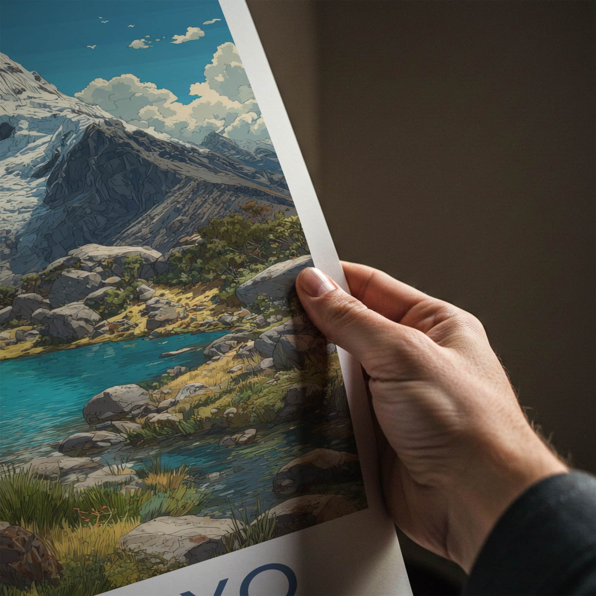 Alpamayo Poster - Peru Travel Art - Snowy Peak Lagoon Wall Decor