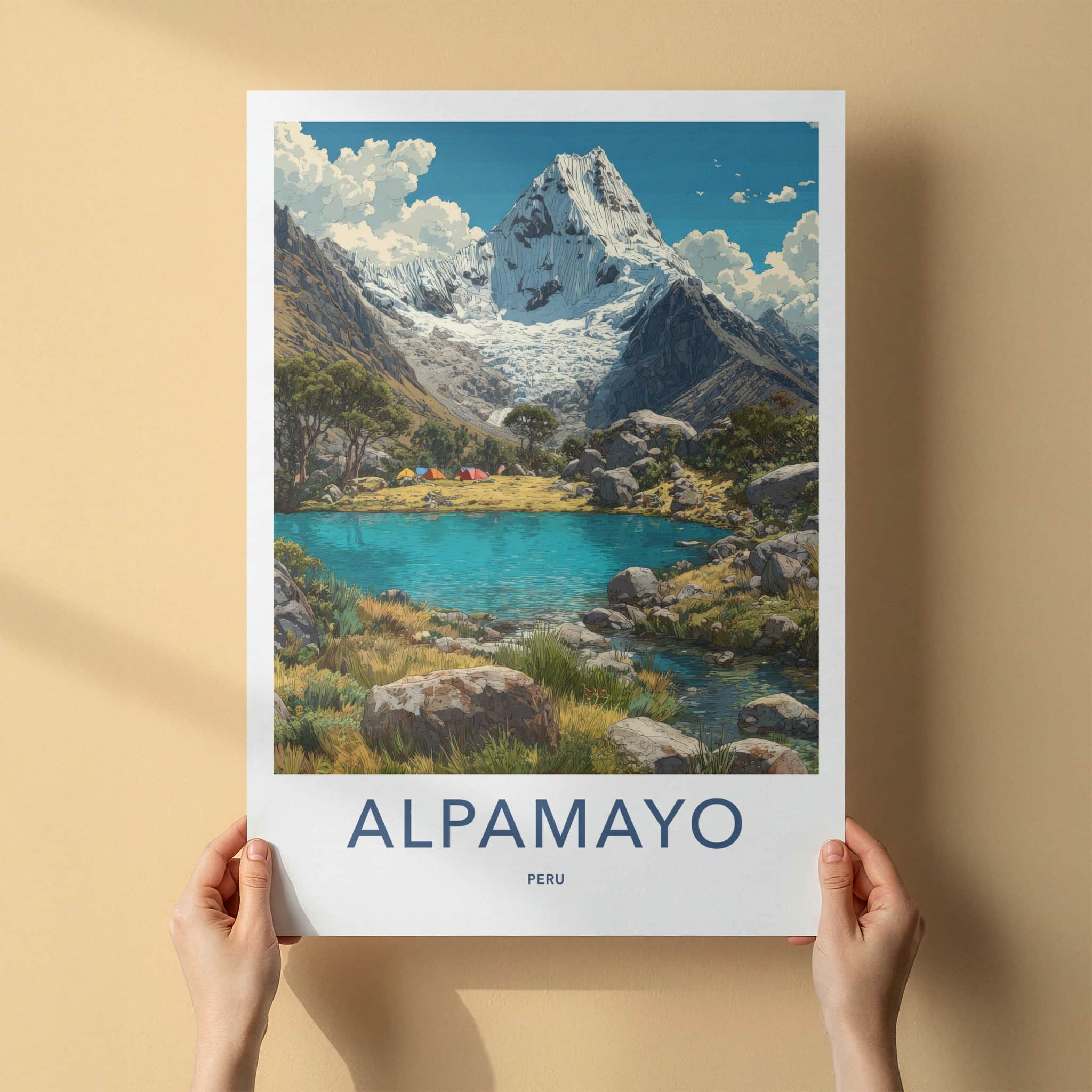Alpamayo Poster - Peru Travel Art - Snowy Peak Lagoon Wall Decor