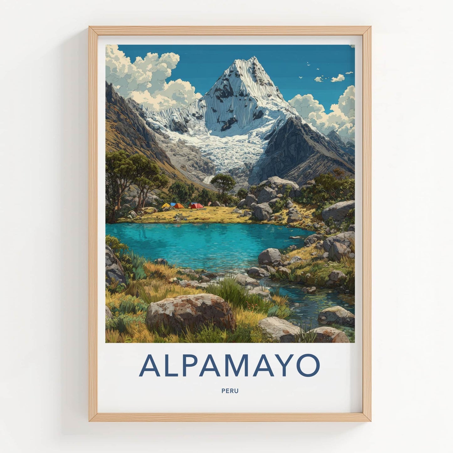 Alpamayo Poster - Peru Travel Art - Snowy Peak Lagoon Wall Decor