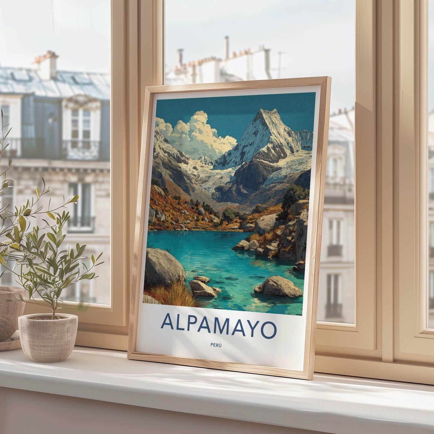 Alpamayo Poster - Peru Travel Art - Snowy Peak Lake Wall Decor