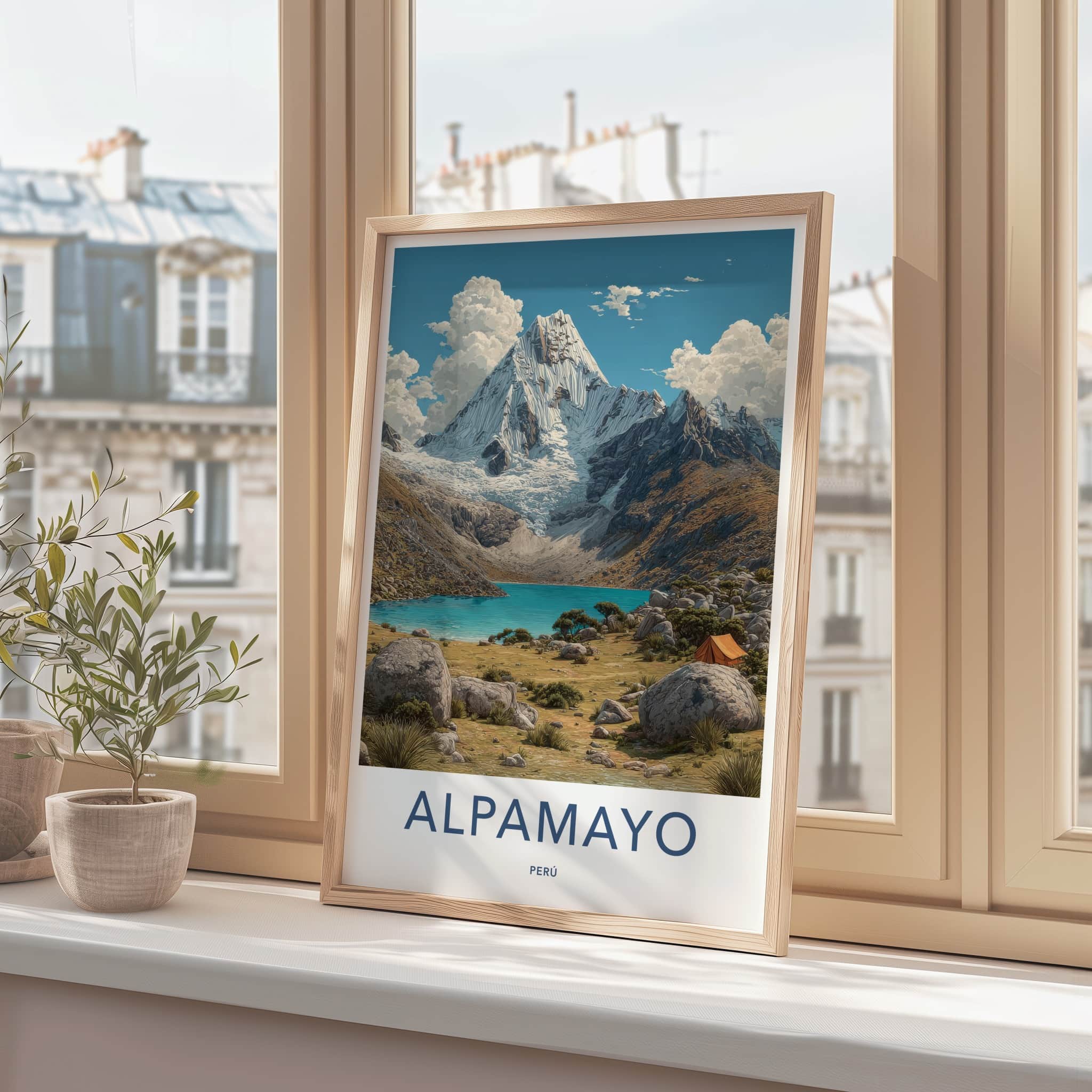 Alpamayo Poster - Peru Travel Print - Glacier Lake Camp Home Decor