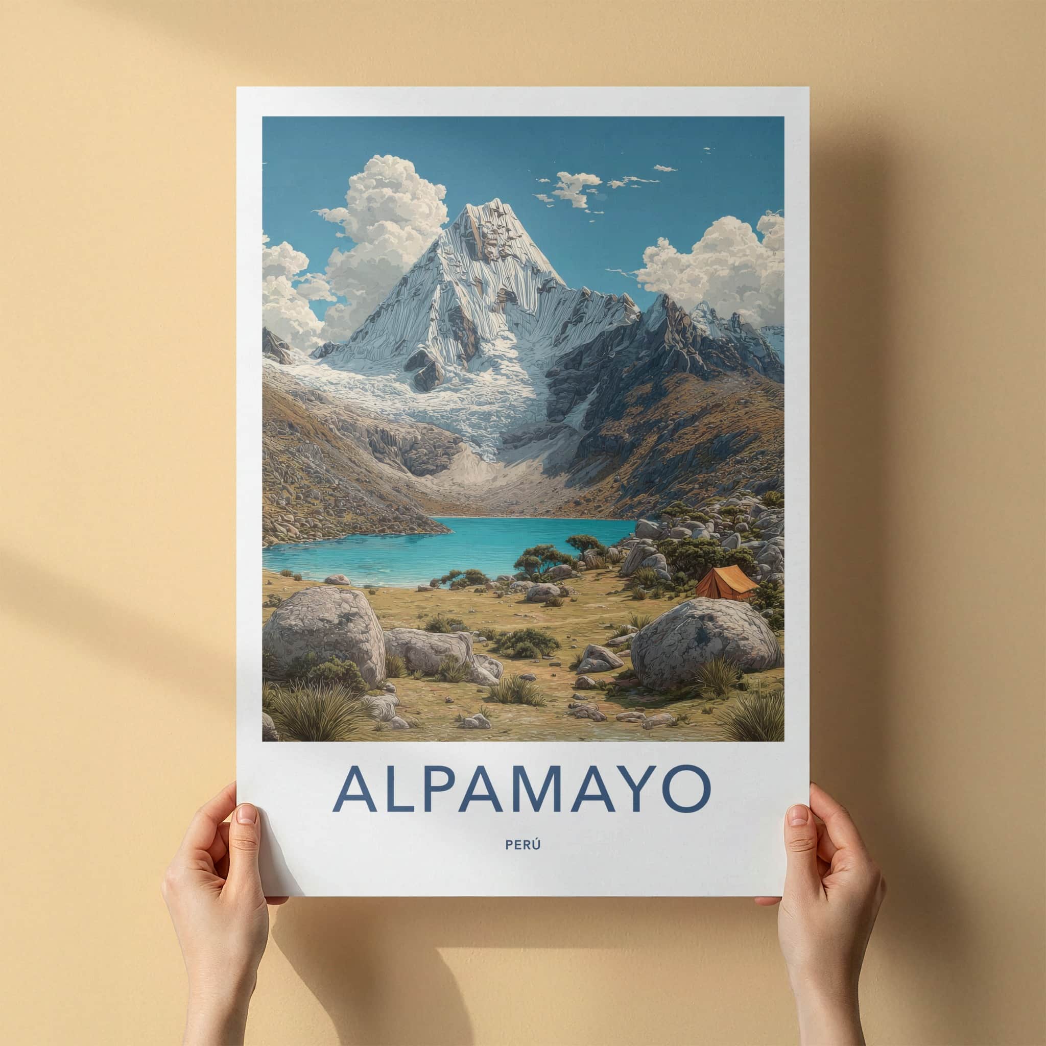 Alpamayo Poster - Peru Travel Print - Glacier Lake Camp Home Decor